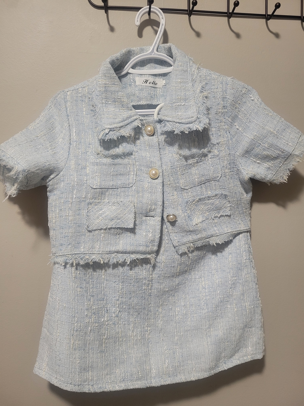 Light Blue Tweed Short-Sleeve Cropped Blazer/Skirt  - Hello